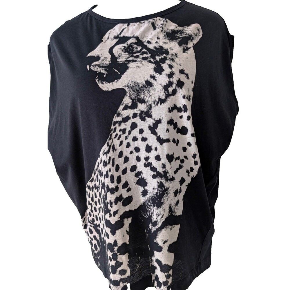 Stella McCartney Cheetah Print Top Black Sleeveless Cotton Blouse T-Shirt EU 42